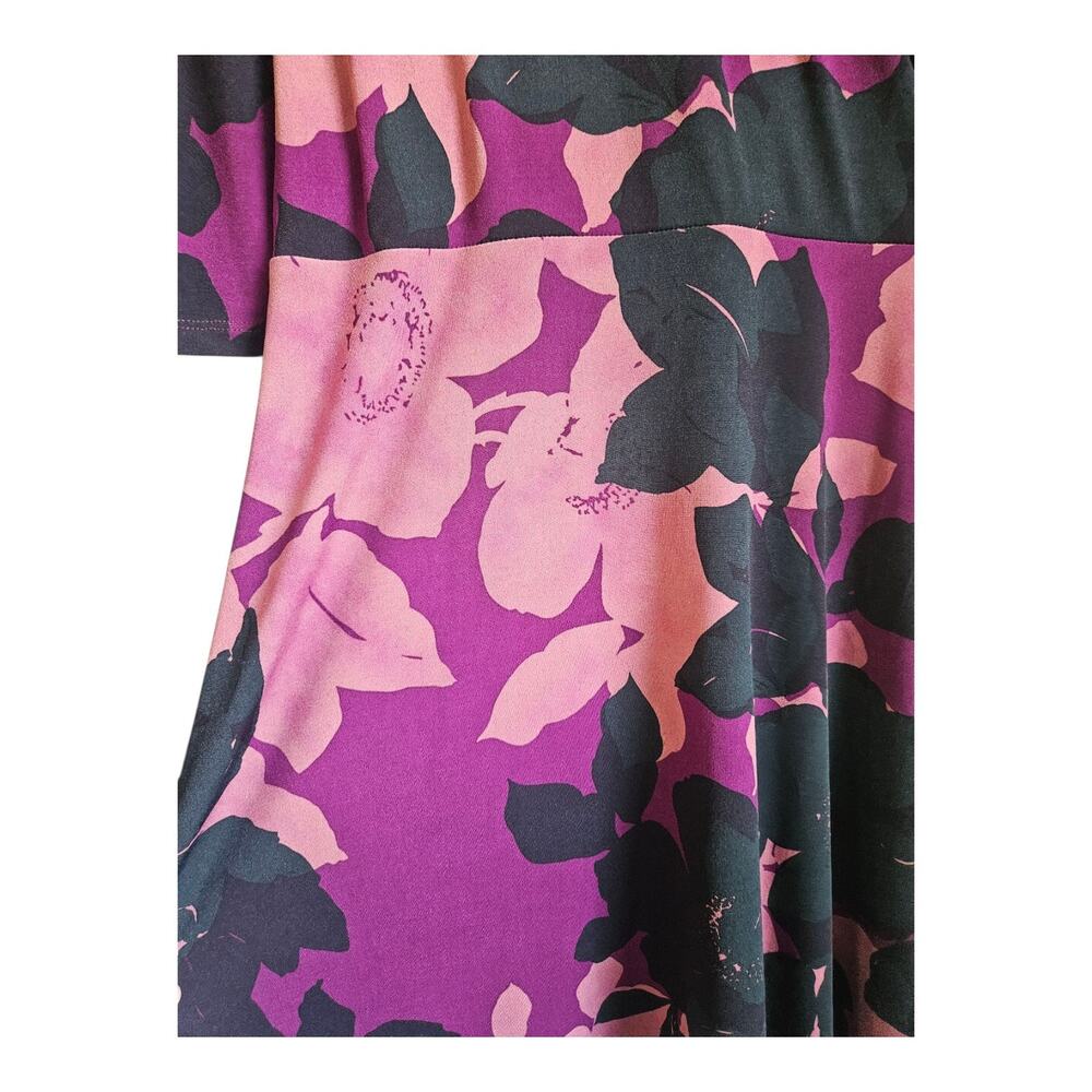 Cabi Dress LG Purple Black Floral Print Faux Wrap Midi Stretch 3/4 Sleeve V-Neck - Picture 7 of 10